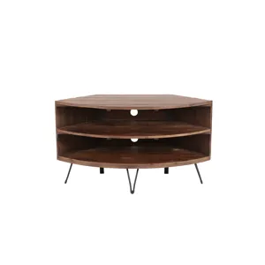 Fan Shape Reclaimed Wood Corner Media Table For Living Room Wise Use Your Space - Natural