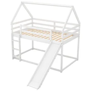 Twin Size Bunk House Bed With Slide And Ladder - White
