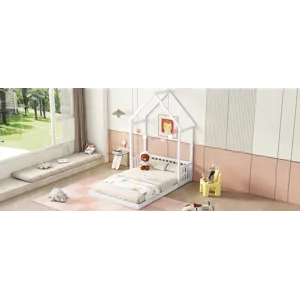 Full Roof-Framed Headboard Floor Bed With Headboard Guardrails - Without Slats White