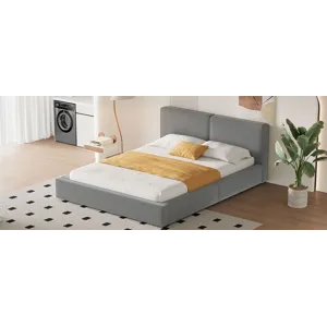 Queen Size Upholstered Platform Bed With , Grounded Bed With Solid Frame - Gray
