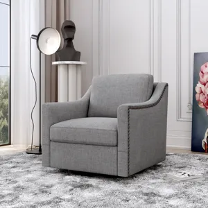 360 Degree Swivel Armchair Cotton Linen Skin-Friendly Fabric Ergonomic Design Brass Nail Decorative 