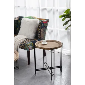 Round Side Table With Wood Top, End Table For Living Room Bedroom - Black Brown