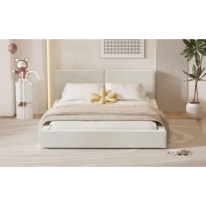 Queen Size Upholstered Platform Bed With , Grounded Bed With Solid Frame - Beige