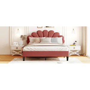 Queen Size Upholstered Platform Bed With Flower Pattern Velvet Headboard - Bean Paste Red