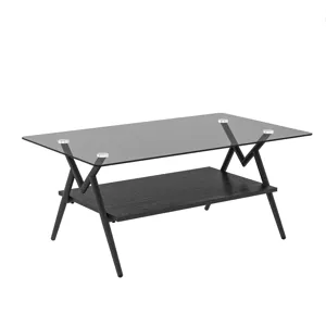 Rectangle Coffee Table With Tempered Glass Top And Black MDF Shelf, Modern Table For Living Room - G