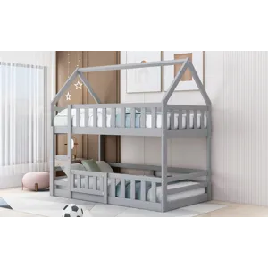 Twin Over Twin House Bunk Bed With Fence And Door - Gray