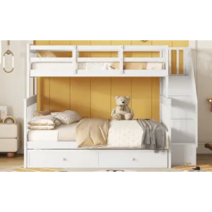 Twin Over Full Bunk Bed With Twin Size Trundle, Storage And Guard Rail For Bedroom, Dorm, For Adults