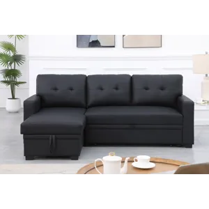 Upholstered Pull Out Sectional Sofa With Chaise - Black