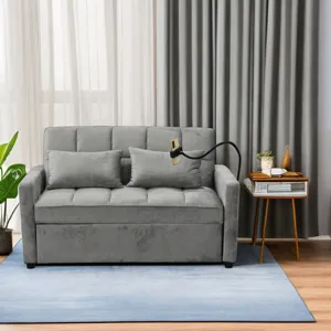 Modern Velvet Loveseat Futon Sofa Couch Pullout Bed, 55.33\" Love Seat Lounge Sofa Bed, Armrest With