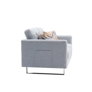 Victoria - Linen Fabric Loveseat With Metal Legs, Side Pockets, And Pillows - Light Gray