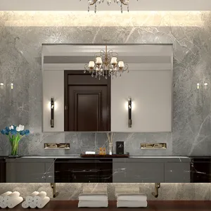 40X30\" Silver Rectangular Wall-Mounted Beveled Bathroom Mirror, Square Angle Metal Frame Wall Mount