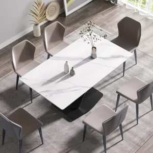 63\" Modern Artificial Stone Straight Edge Metal X-Leg Dining Table, 6 People - White / Black