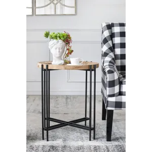 Round Side Table With Wood Top, End Table For Living Room Bedroom - Black Brown