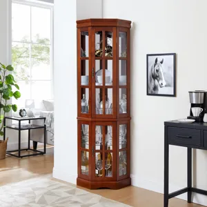 Corner Curio Cabinet With 5 Shelves And Lighting System (E26 Light Bulb Not Included) - Walnut