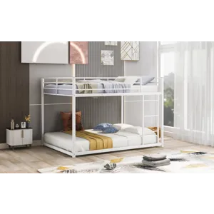 Full Over Full Metal Bunk Bed, Low Bunk Bed With Ladder - White