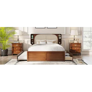 Queen Size Rattan Headboard Bed With Two Drawers And Trundle Walnut