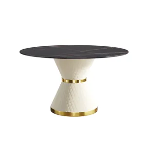 53.15\" Modern Artificial Stone Round Carbon Steel Base Dining Table, Can Accommodate 6 People - Bla
