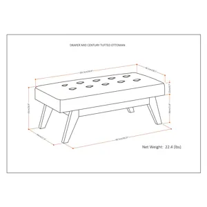 Draper - Mid Century Tufted Ottoman Bench - Distressed Black