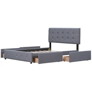 Queen Size Upholstered Platform Bed With Classic Headboard And 4 Drawers, No Box Spring Needed - Dar