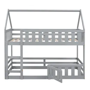 Twin Over Twin House Bunk Bed With Fence And Door - Gray