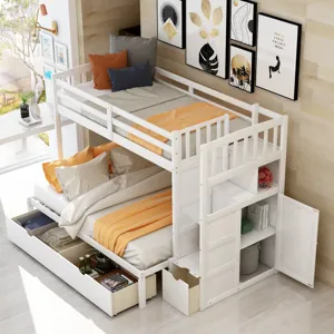 Twin Over Full / Twin Bunk Bed, Convertible Bottom Bed, Storage Shelves And Drawers - White