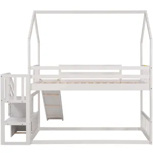 Twin Over Twin House Bunk Bed With Convertible Slide, Storage Staircase - White