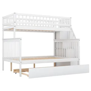 Twin Over Full Bunk Bed With Trundle And Staircase - White