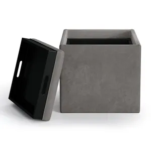 Rockwood - Cube Storage Ottoman with Tray - Distressed Slate Grey