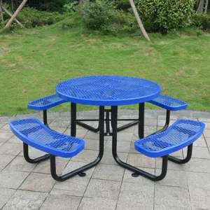 Round Outdoor Steel Picnic Table With Umbrella Pole - Blue