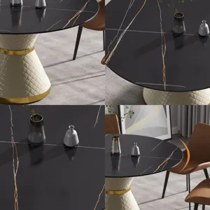 53.15\" Modern Artificial Stone Round Carbon Steel Base Dining Table, Can Accommodate 6 People - Bla