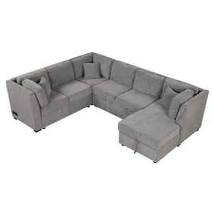 U-Shaped Sectional Sofa Pull Out Sofa Bed With Two USB Ports, Two Power Sockets, Three Back Pillows 