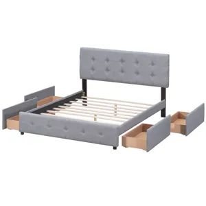 Queen Size Upholstered Platform Bed With Classic Headboard And 4 Drawers, No Box Spring Needed - Lig
