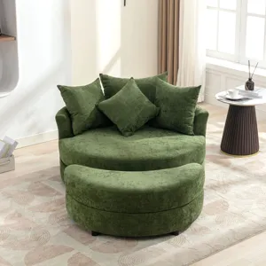 360° Swivel Accent Barrel Chair With Storage Ottoman & 4 Pillows, Modern Chenille Leisure Chair Roun