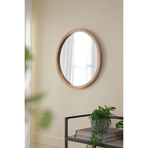 Circle Wall Mirror With Wooden Frame, Wall Mirror For Living Room - Brown