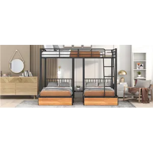 Full Over Twin & Twin Bunk Bed, Metal Triple Bunk Bed With Drawers And Guardrails - Black