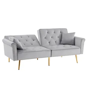 Velvet Tufted Sofa Couch With 2 Pillows And Nailhead Trim - Light Gray