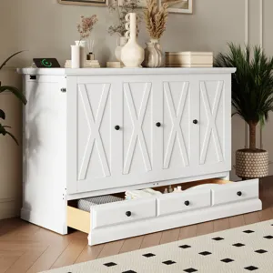 Queen Solid Pine Murphy Bed Chest Cube Cabinet Bed With Charging Station And Large Storage Drawer Fo