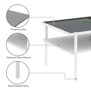 Rectangle Coffee Table With Tempered Glass Top And White Legs, Modern Table For Living Room - Gray