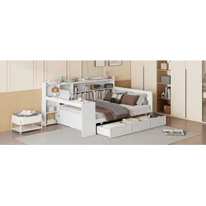 Full Size Wooden Daybed With 3 Drawers, USB Ports And Desk - White