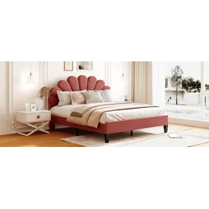 Queen Size Upholstered Platform Bed With Flower Pattern Velvet Headboard - Bean Paste Red