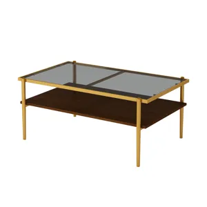 Rectangle Coffee Table With Tempered Glass Top, Modern Table For Living Room - Gray / Gold