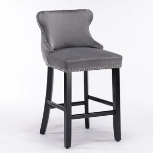 Contemporary Velvet Upholstered Wing-Back Barstools With Button Tufted Decoration And Wooden Legs, A