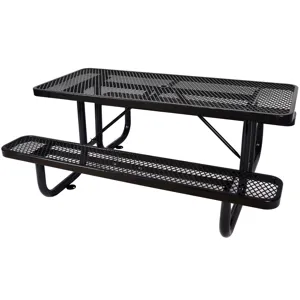 Rectangular Outdoor Steel Picnic Table With Umbrella Pole - Black