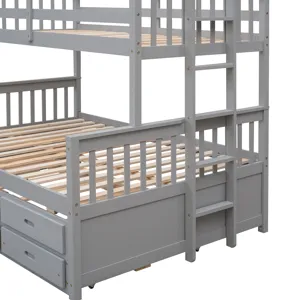 Twin Over Full Bunk Bed With Twin Size Trundle, Separable Bunk Bed With Drawers For Bedroom - Gray