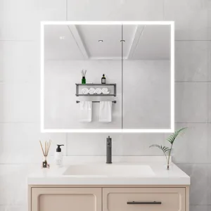 Bathroom Medicine Cabinet With Lights, 36×30" LED Medicine Cabinet With Mirror, Double Door Lighted Medicine Cabinet With Defogger, Dimmer, Clock & Temp Display, 2 Outlets & USB Ports - Silver