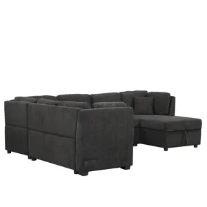 U-Shaped Sectional Sofa Pull Out Sofa Bed With Two USB Ports, Two Power Sockets, Three Back Pillows 
