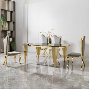 Glass Top Oval Dining Table With Gold Stainless Steel Base For 8 Seats - Gold / Black