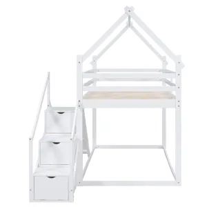 Twin Over Twin House Loft Or Bunk Bed With Slide And Staircase - White