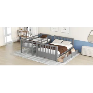 Twin Over Full Bunk Bed With Ladders And Two Storage Drawers - Gray