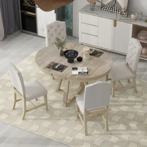 5 Piece Retro Functional Dining Set, Round Table With Leaf And 4 Upholstered Chairs For Dining Room And Living Room - Natural